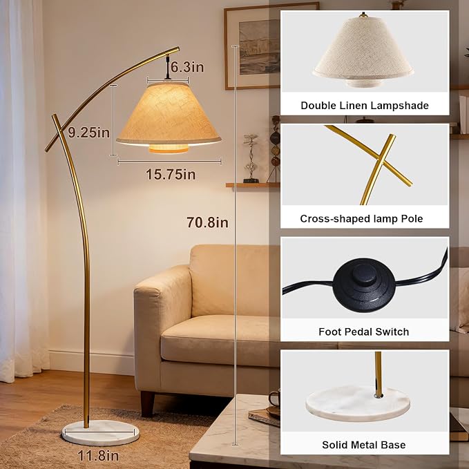 Lightdot Arc Floor Lamp for Living Room, Modern Standing Tall Lamps with Double Linen Lampshade, Tall Hanging Pole Lamp with Bulb Included for Bedroom Sofa Beside/Corner Decor - Gold