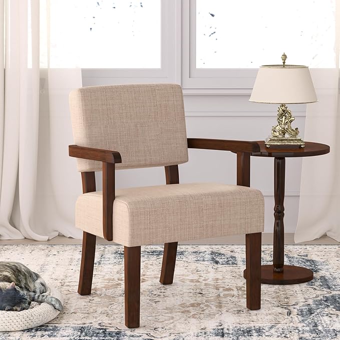 Accent Chair,Armchairs with Solid Wood Frame and Legs,Upholstered Reading Leisure Chair for Bedroom,Office,Waiting Room (Linen, Beige, One Chair)