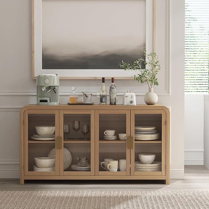 Oak&Sparrow Oak Sideboard Buffet Cabinet with Storage, 60'' Boho Buffets & Sideboards with Adjustable Shelves, Sideboard Cabinet with 4 Glass Doors for Living Room, Hallway & Kitchen