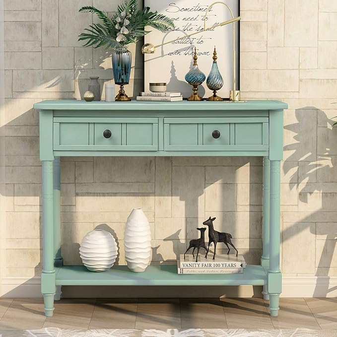 35.43” Console Table with Drawers & Bottom Open Shelf, Rustic Entryway Table with Storage, Retro Blue