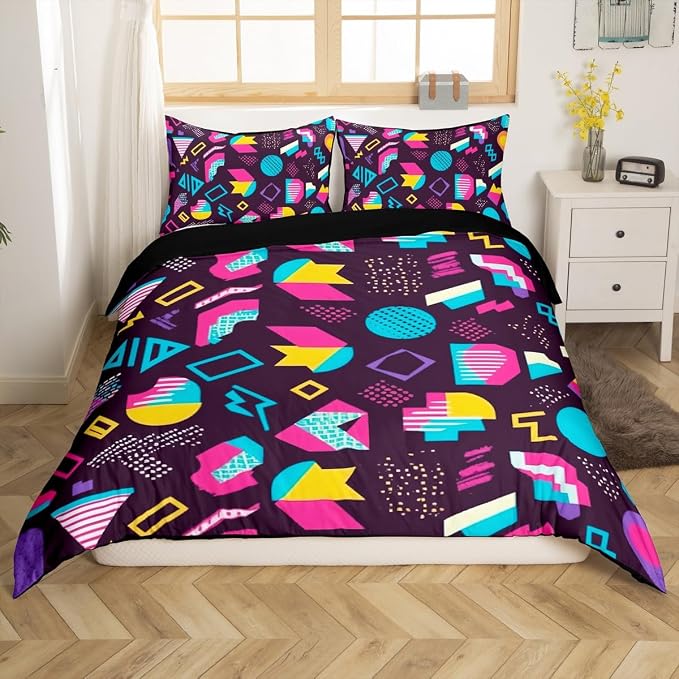 80s 90S Fashion Style Bedding Set Queen Size,Retro Memphis Style Pattern with Geometrical Shapes Duvet Cover for Kids Child,Funky Hipster Old Fashioned Comforter Cover Geometric Bedroom Decor