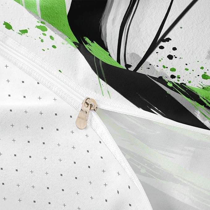 Erosebridal Black and Green Kids Bedding | Modern Geometric Striped Duvet Cover for Boys Girls Boho Contemporary Watercolor Graffiti Bed Set Minimalist Aesthetic Art Bed Cover Queen 3Pcs