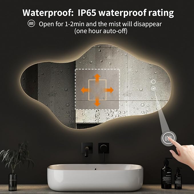 35.8″ Modern Irregular LED Bathroom Mirror with Lights, Asymmetrical Frameless Smart Lighted Wall Mirror for Living Room Entryway, Large Decorative Makeup Vanity Mirror with Touch Switch
