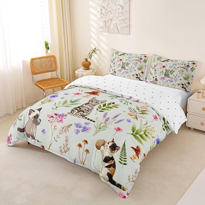 Erosebridal Cute Cat Duvet Cover King Kitten Cat Lovers Bedding Set Pale Green Boho Watercolor Floral Comforter Cover for Kids Girls Boys Adults Funny Pet Animal Bed Set