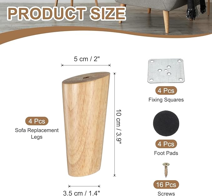 PATIKIL Wood Furniture Legs, 4Pcs 3.9" Tapered Replacement Sofa Leg for Chair Couch Bed Coffee Table Dresser, Wood Color
