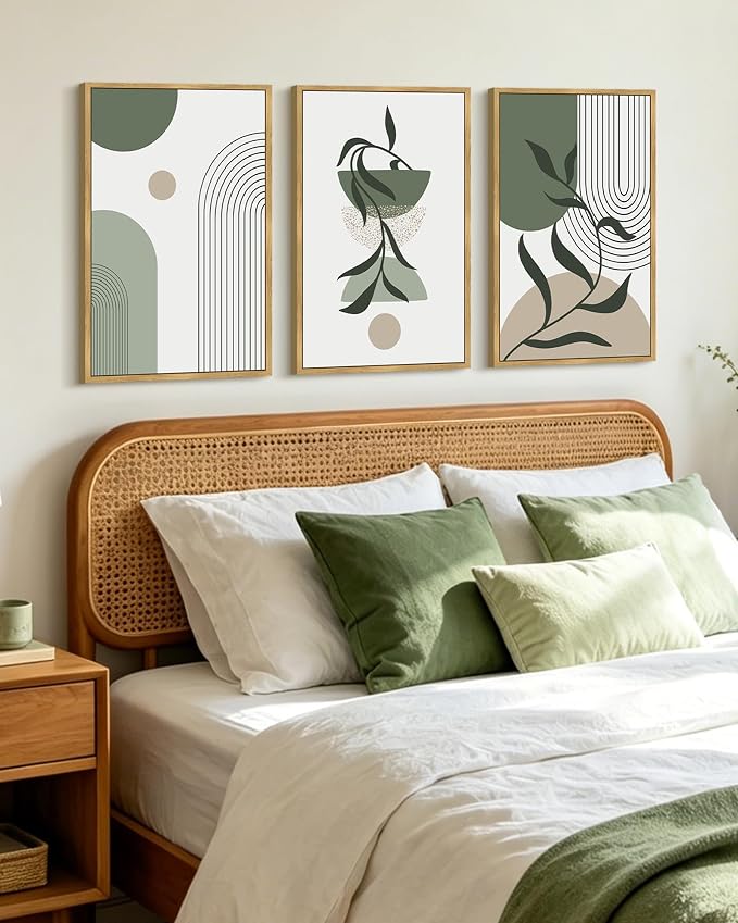 KUVIOKE Boho Wall Art Framed Botanical Modern Plants Wall Printing Green Neutral Abstract Geometric Prints Bohemain Sage Decor for Farmhouse Living Dining Room 16x24in (Natural Framed)