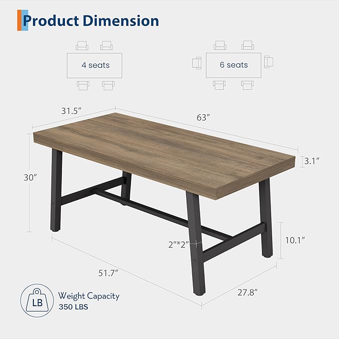 GarveeHome Industrial Dining Table for 4-6 People, 63" Long Wooden Kitchen Table with Sturdy Metal Frame & Rustic Pear Finish, Seats 4 Rectangular Counter for Dinner, Kitchen, Dining Room-Rustic Pear