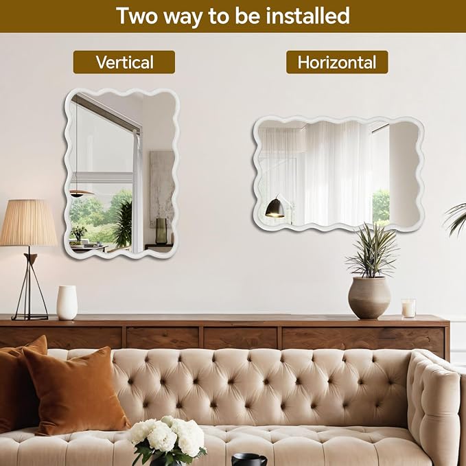 36x24 Inch Wooden Wavy Rectangle Wall Mirror, Modern Solid Wood Frame Decorative Accent Mirror for Bedroom, Bathroom, Living Room, Entryway, White