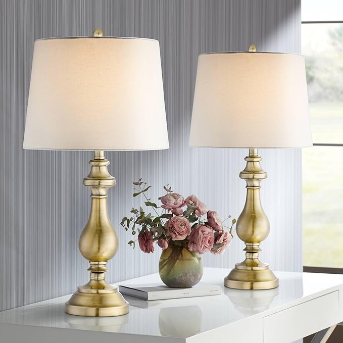 Regency Hill Fairlee Traditional Candlestick Style Table Lamps 26" High Set of 2 Antique Brass Gold White Fabric Drum Shade Decor for Living Room Bedroom House Bedside Nightstand Home Office
