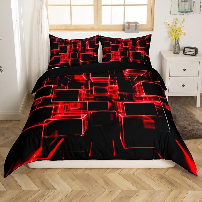 Erosebridal Fire Red and Black Kids Duvet Cover Queen, Modern Geometric Square Bedding for Boys Girls Gradient Neon Light Honeycomb Bed Set Soft Microfiber Bed Cover with 2 Pillowcases