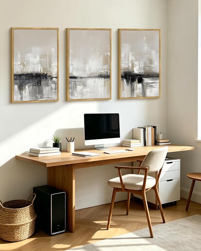 KUVIOKE Abstract Gray Framed Wall Art Neutral Brown Artwork Painting Morden Minimalist Wall Decor Rustic Home Decor 24x36in (Natural Framed)