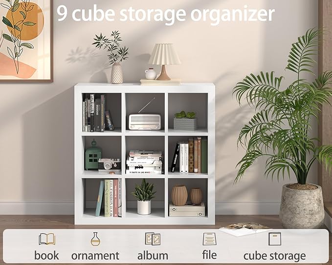 Bookshelf 9-Cube Storage Organizer Sturdy Wooden Bookcase Open Book Shelf, Multifunctional Cubicle Rack for Storages & Display, Furniture for Living Room Bedroom Office, White