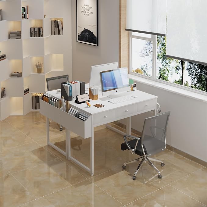 Lufeiya Small White Computer Desk with Drawers for Home Office Bedroom, 40 Inch Vanity Desk with Fabric Drawer Storage and Side Pouch, Study Writing Table, White