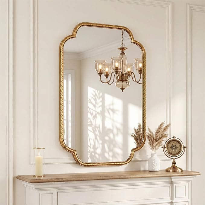 Vintage Gold Wall Decor Mirror - 24"x36" Large Gold Antique Mirror with Rounded Corner Rope-Like Frame, Wall Decorative Mirrors Accent for Living Room, Bedroom, Fireplace, Bathroom