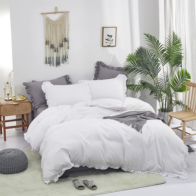 Pureant White Ruffle Comforter Set California King Boho Lace Bedding Comforter Cal King Vintage Farmhouse Comforter Solid Color Shabby Chic Quilts Plain White Fluffy Ruffled Fringe Bed