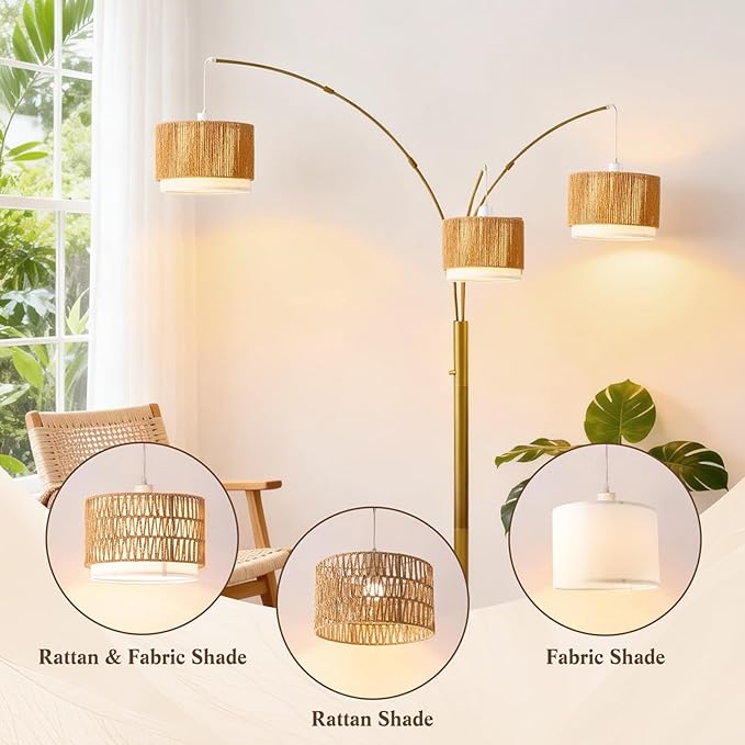 Gold Arc Floor Lamp for Living Room, Mid Century Floor Lamp with Stepless Dimmable Switch, Boho Standing Lamp with Wicker&Fabric Shade, Rattan Tall Lamp for Bedroom Over Couch Reading