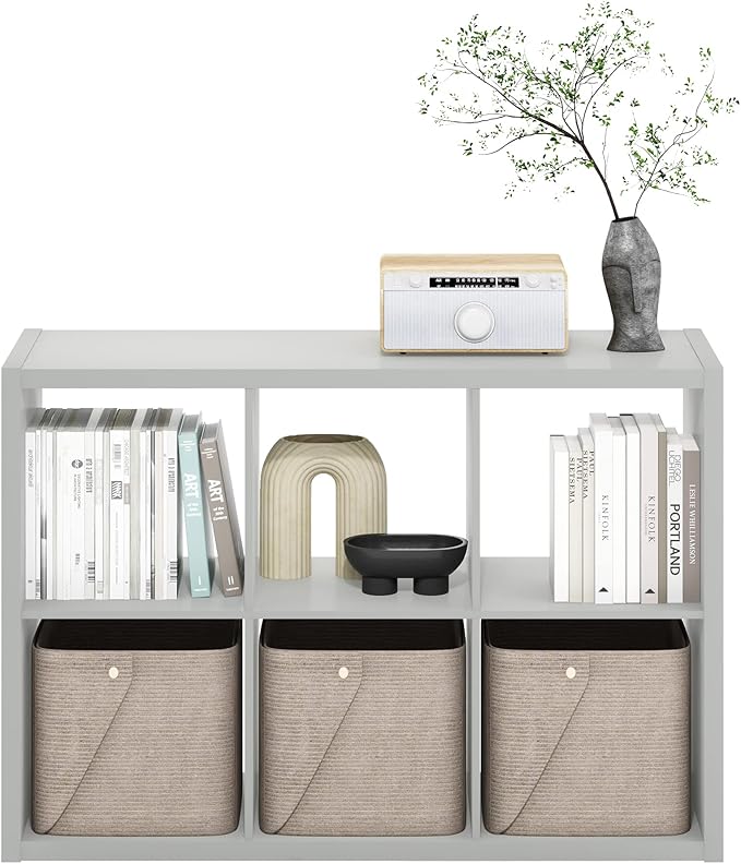 Furinno CUBICLE Book Shelf, 6-Cube Bookshelf, Extra Thick Frame Horizontally & Vertically Reversible Bookcase with Open Back, 14.6" x 44" x 30", for Living Room, Bedroom, Home Office, Light Grey