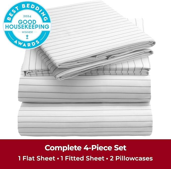Mellanni Full Sheets Set - 4 PC Iconic Collection Bedding - Hotel Luxury, Extra Soft, Cooling Bed Sheets - Wrinkle, Fade, Stain Resistant (Full, Pinstripe Gray)
