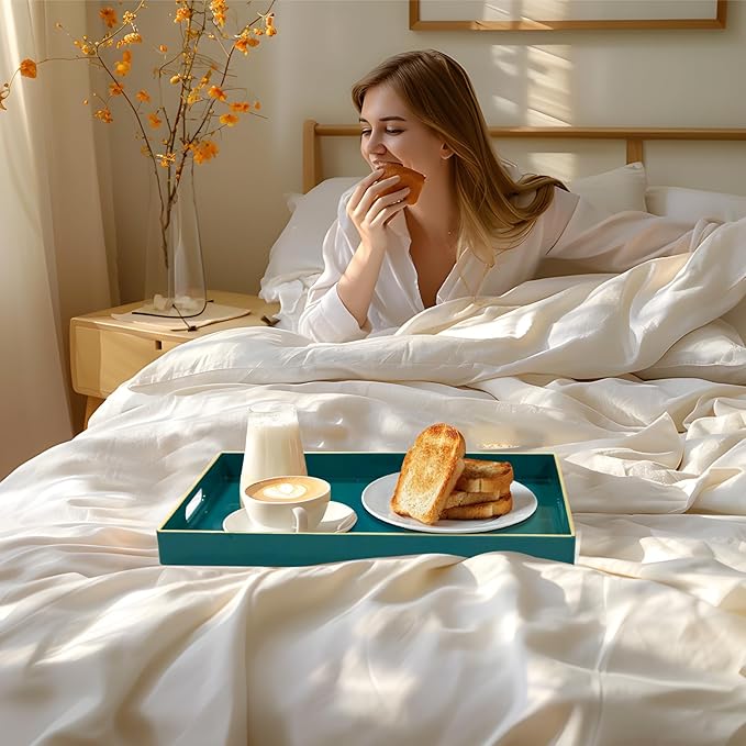 MAONAME Teal Serving Tray with Handles, Modern Decorative Tray for Coffee Table, Plastic Rectangular Trays for Ottoman, Bathroom, Decor, 15.8” x 10.2” x 1.4"