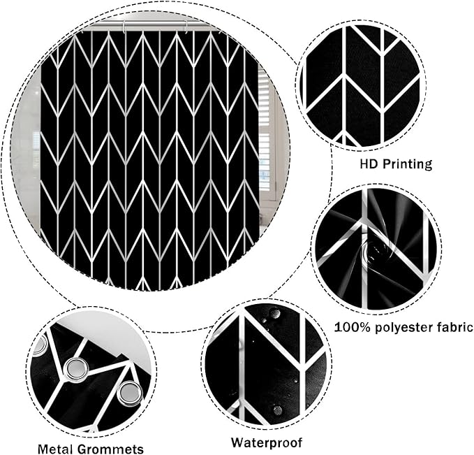 Black and White Pattern Bathroom Shower Curtain Abstract Geometry Line Bath Curtain with Hooks Waterproof Polyester Fabric Shower Curtains for Modern Artistic Bath Decorative, 72x96 Inch