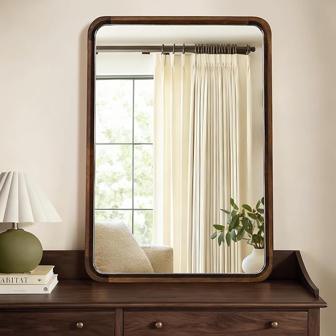 Bathroom Mirror for Wall,Wood Rectangle 30 x 40 inch Hanging Vatiny Tempered Mirrors with Rounded Corner for Living Room,Bedroom,Entryway