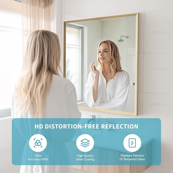 Oak Wood Effect Framed Wall Mirror, 30x36 Rectangle Mirror, 1/8" Anti-desilvering Tempered Glass, Sustainable& Sturdy Frame, Anti-Rust, HD Reflection &3min Fast Setup for Bathroom Living Room