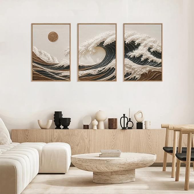 HLNIUC Sea Wave Framed Canvas Wall Art,Abstract Sun Seascape Wall Decor Set of 3(16”x24”) Large Modern Ocean Beach Art Print,Great Wave Sunset Pictures Canvas Painting for Living Room,Bedroom
