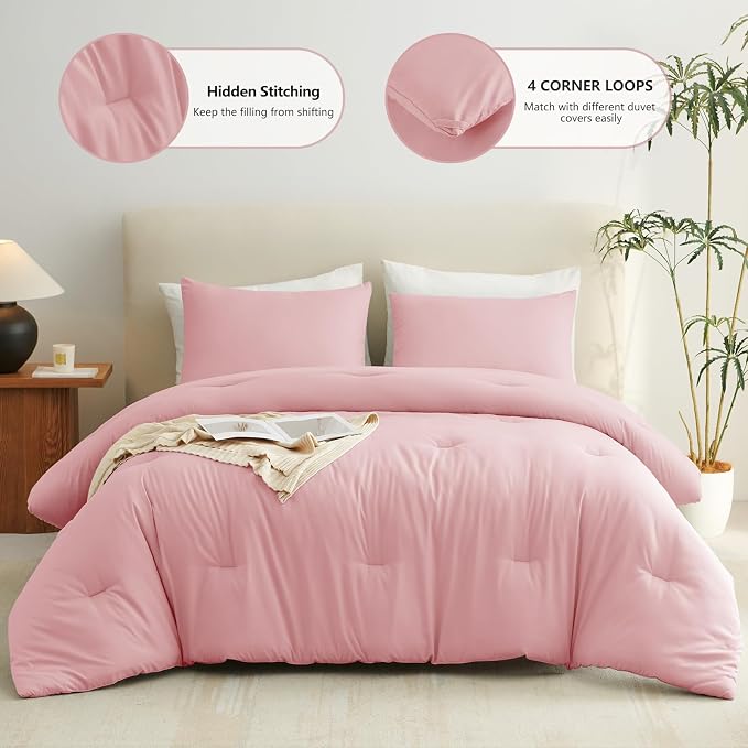 CozyLux King Size Comforter Set Pink, 3 Pieces Lightweight Down Alternative Quilted Bedding Sets, All Season Soft Breathable Solid Comforter with 2 Pillowcases, Luxury Bed Set Gift for Home