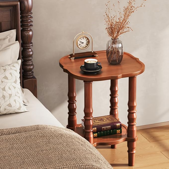 Solid Wood End Table Living Room - 21.7" H Small Narrow Square Wooden End Table for Small Spaces, Dark Real Brown Solid Wood Vintage Antique Side Bedside Table Nightstand with 2-Tier Storage