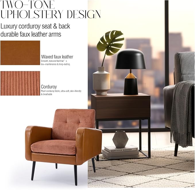 Comfy Accent Chair for Living Room Chairs Mid Century Modern Reading Chair Accent Chairs Set of 2 with Metal Legs,Upholstered Arm Chair for Bedroom Office Waiting Room (Brown & Ochre,2)