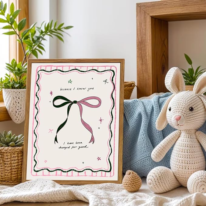 Framed Pink Bow Wall Art, Coquette Preppy Canvas Wall Decor Pictures, Trendy Inspirational Quote Paintings Prints Girly Home Decor Aesthetic for Girls Room Bedroom Dorm 12x16 inch