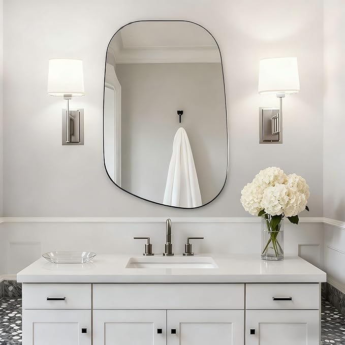 ANDY STAR Brushed Nickel Mirror, 24"x36" Silver Asymmetrical Wall Mirror for Bathroom, Unique Irregular Design with SUS304 Stainless Steel Metal Frame, Ideal for Bathroom, Bedroom, Entryway