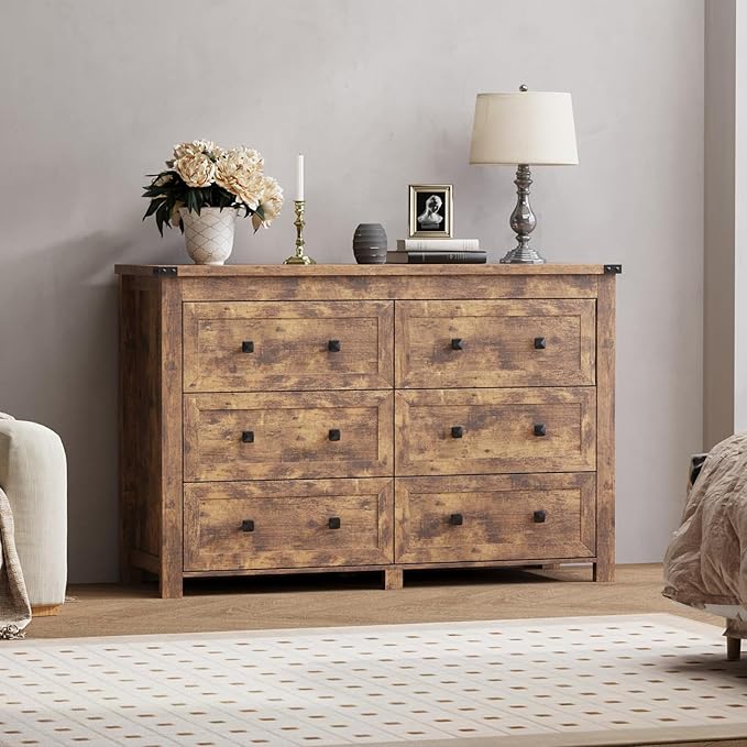 6 Drawer Dresser for Bedroom, Brown Modern Dressers & Chests of Drawers with Metal Handles, Closet Storage Dresser, Storage Cabinet and Organizer with Drawers