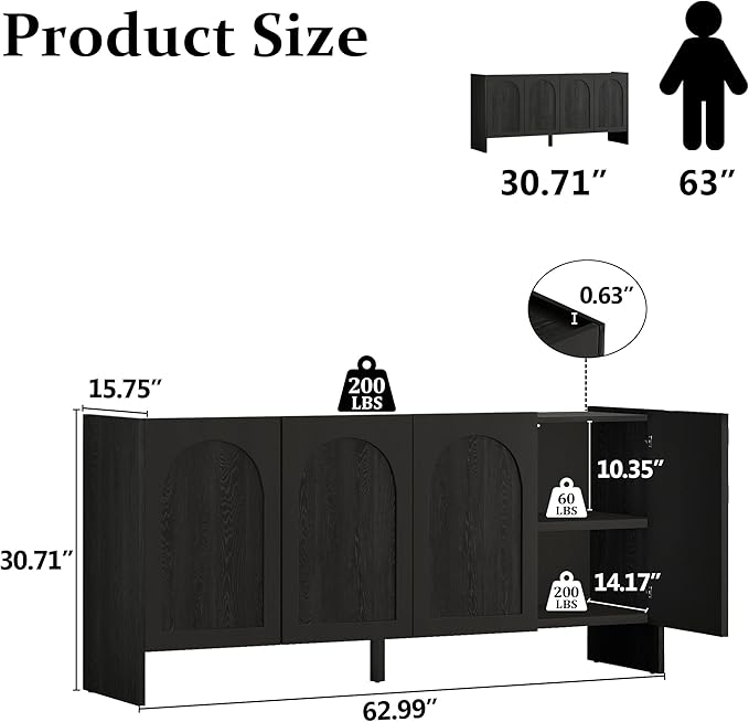 63" Sideboard Buffet Cabinet with Storage, 4 Door Solid Wood Veneer Sideboard Modern Arched Accent Cabinet with Adjustable Shelves, Large Credenza for Living Room,Kitchen,Entryway(Black)