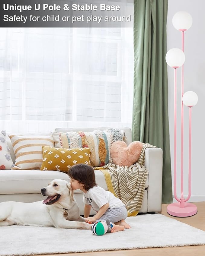 Lightdot 63IN Pink Floor Lamp Mid Century Modern Floor Lamp with 3 Globe 3000K Bulbs Included, 3 Lights U-Style Standing Lamp for Wedding Party/Living Room/Bedroom/Sofa Beside/Corner Decor