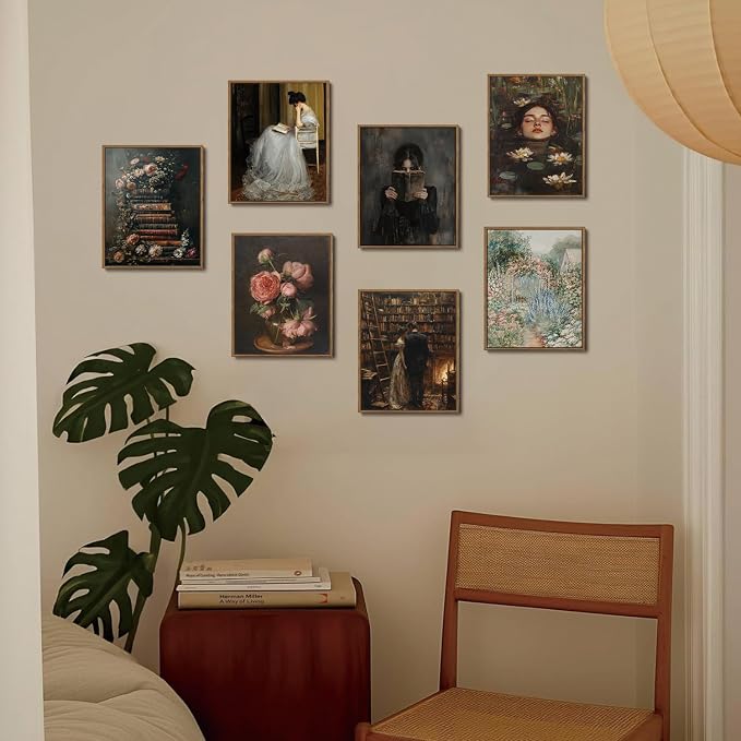 WALLZK Vintage Framed Wall Art Library Wall Decor Moody Dark Academia Canvas Prints Victoria Antique Literary Romantic Pictures Artwork for Walls Living Room Study Bedroom 8"x10"