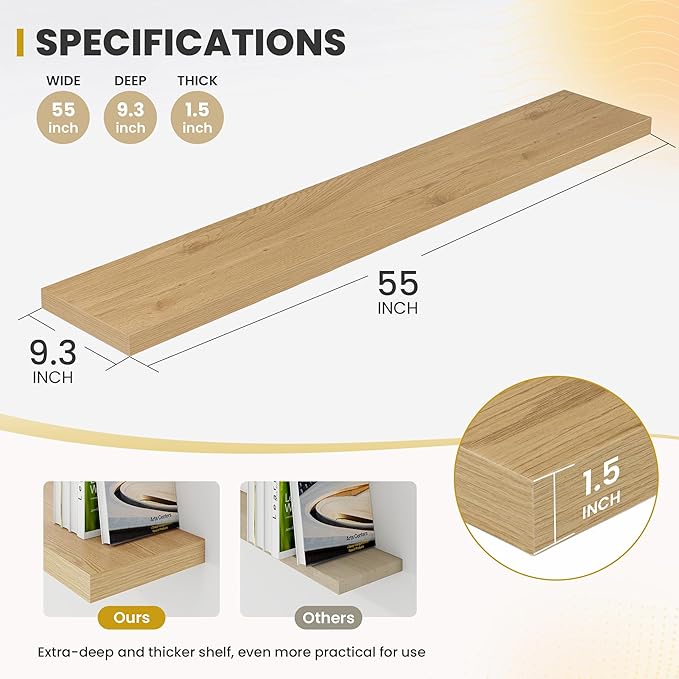 55 Inch Floating Shelves, 9.3" Deep Floating Shelf Wall Mounted, 56" Wall Shelves, Rustic Deep Bookshelf, Large Display Shelves & Storage Shelves for Bedroom, Living Room, Oak, Set of 2