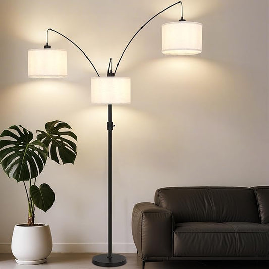 AHDWDW Dimmable Arc Floor Lamp-3 Lights Floor Lamps for Living Room,Modern Tall Standing Lamp with Beige Drum Shades&Heavy Base,Mid Century Tree Floor Lamp for Bedroom Corner Office,Bulbs Included