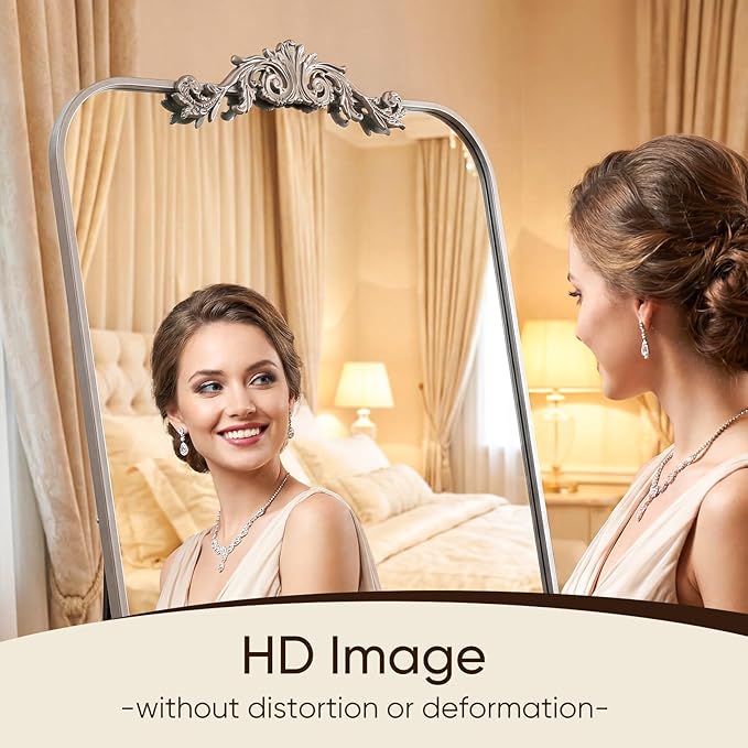 Antok Arched Full Length Mirror, 32"x71" Floor Mirror with Carved, Full Body Mirrors for HomeDecor, Large Wall Mirror with Corner Flower for Bedroom, Living Room, Silver, Luxury Style