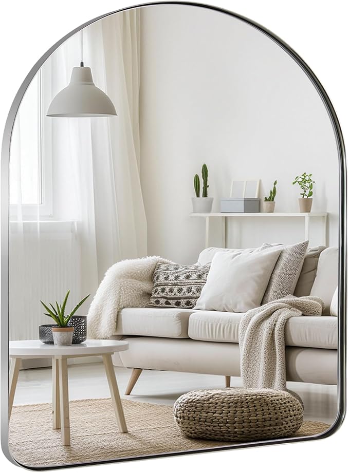 ANDY STAR Arched Mirror, 30 x 36 Inch Polished Chrome Wall Mirror in Stainless Steel Metal Frame, Arch Top Rounded Corner 1 Inch Deep Set Design Wall Mount Hangs Vertical