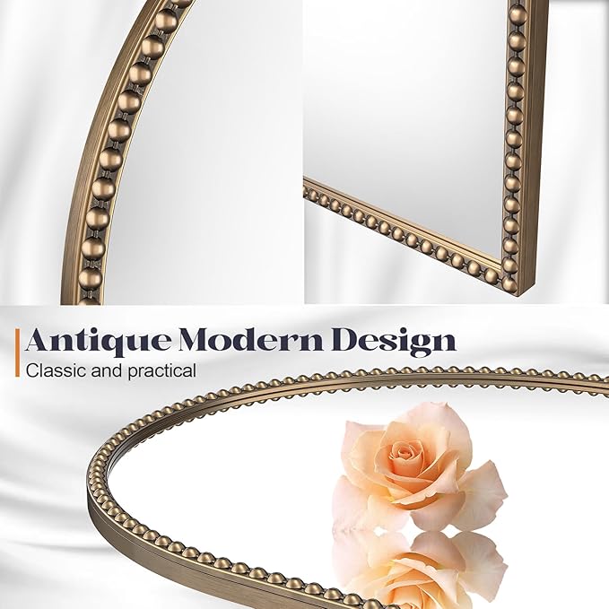 Beaded Mirror Gold Arched, 24"x36" Champagne Bronze Mirror for Bathroom, Antique Brass Beaded Mirrors with Metal Frame- Arch Vanity Wall Mirrors for Bedroom,Fireplace,Over Sink,Entryway