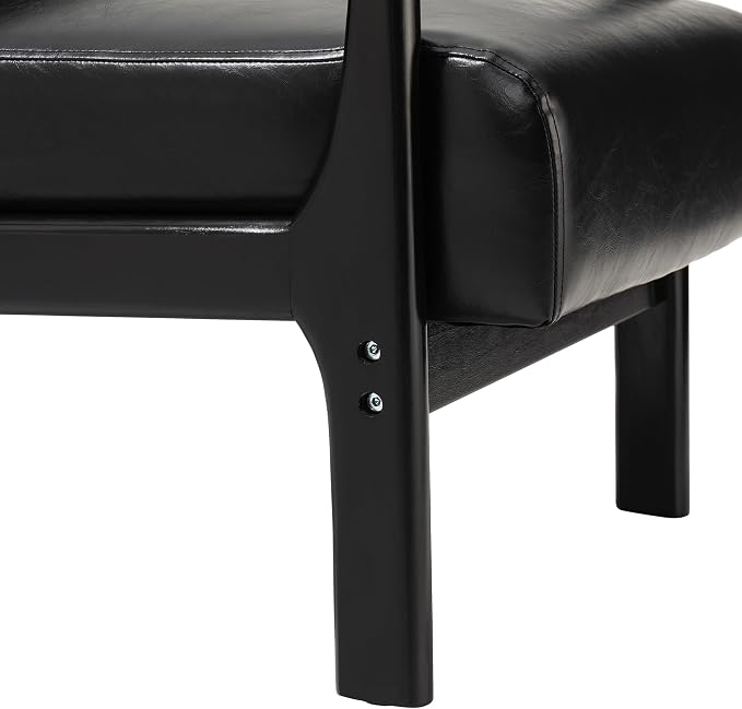 Glitzhome Accent Armchair with Walnut Ruberwood Frame, Black PU Leather Lounge Chair for Living Room