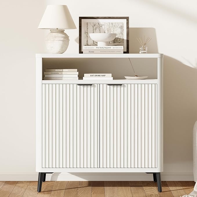 Buffet Sideboard Cabinet with Storage, Fluted Coffee Bar with 2 Doors and Adjustable Shelves, 34'' Modern Wood Cabinet for Dinning Room, Kitchen, Living Room,Coffee Bar (White)