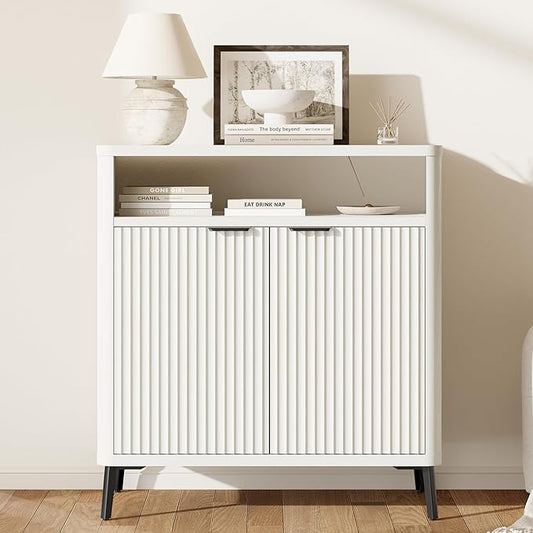 Buffet Sideboard Cabinet with Storage, Fluted Coffee Bar with 2 Doors and Adjustable Shelves, 34'' Modern Wood Cabinet for Dinning Room, Kitchen, Living Room,Coffee Bar (White)