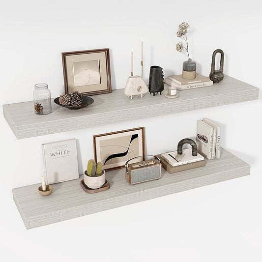 48 Inch Floating Shelves, 12" Deep Floating Shelf Wall Mounted, 48" Wall Shelves, Rustic Deep Bookshelf, Extra Deeper & Thicker Display Shelves for Bedroom, Living Room, Gray, Set of 2