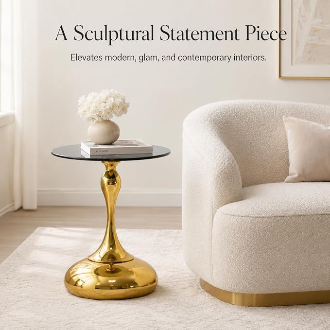 17.7 Inch Black Round Side Table for 2-4 Person, Gold Metal Pedestal Base, Small Coffee Table, End Table, Cocktail Table, Living Room, Bedroom, Office, Bistro, Modern Small Space