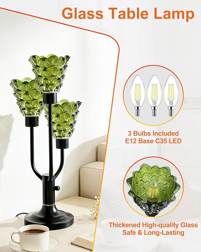 Lightdot Vintage Mid Century Modern Table Lamp Dimmable Nightstand Lamp Black Desk Lamp Green Glass 3 Bulbs Included Warmwhite Ambient Bedside Lamp for Living Room Bedroom Home Office Decor Gift