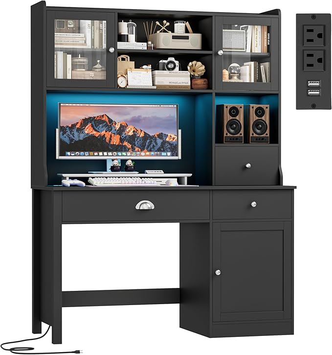 FACBOTALL Computer Desk with Hutch and RGB Lights, 65" Office Desk with Power Outlet, Makeup Vanity with 3 Doors & 3 Drawers, Executive Desks for Home, Work and Study, Black (Black)