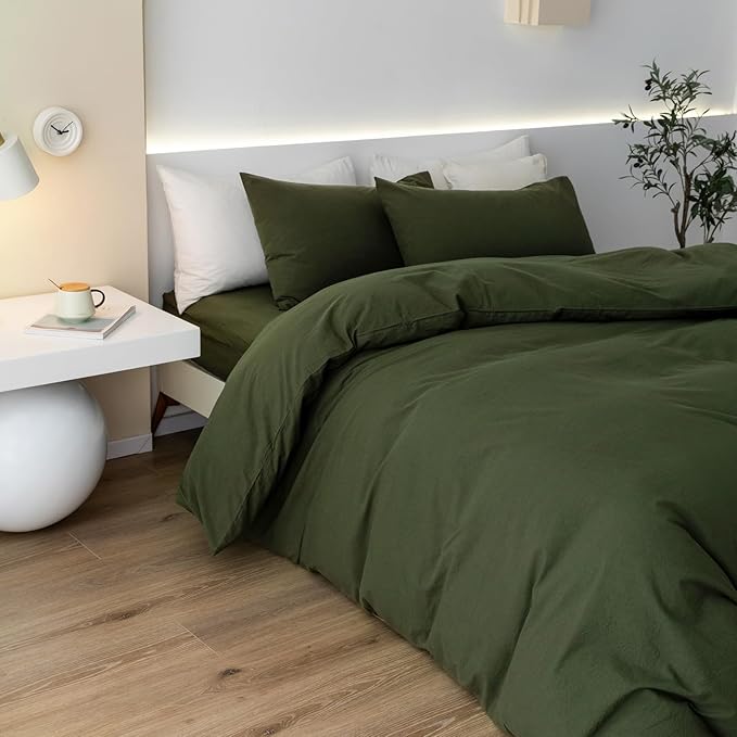 JIYUAN 100% Washed Cotton Duvet Cover Set 3 Pieces Super King, 1 Duvet Cover 108x98 Inches(Comforter Not Included) and 2 Pillowcases,Linen Feel Bedding Set Comfy and Breathable,Olive Green