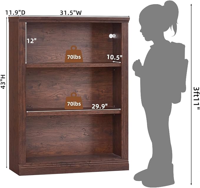 43" Walnut Tall Bookshelf Set of 4,3-Tier Thick Wooden Book Shelf with Adjustable Shelves,Free Standing Farmhouse Bookcase with Open Display Storage,Floor Vintage Bookshelves for Living Room